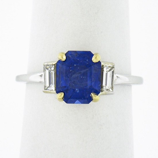 New 18K TT Gold GIA Ceylon Sapphire & Baguette Diamond 3 Stone Engagement Ring