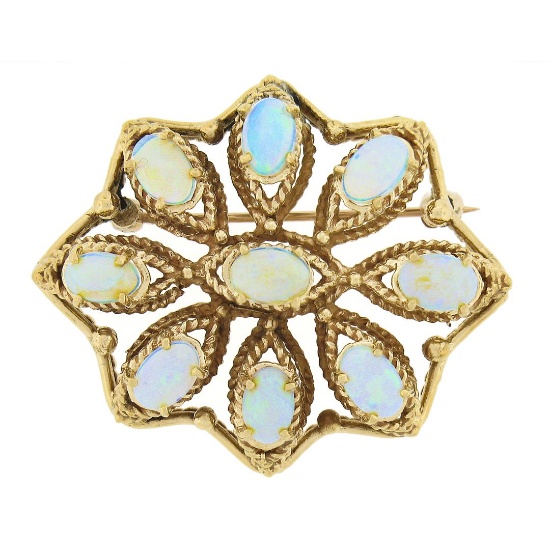 Vintage 14k Yellow Gold Oval Cabochon Opal Twisted Wire Open Brooch Pin Pendant