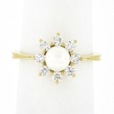 NEW Classic 18k Yellow Gold 5.25mm Pearl .40 ctw Round Diamond Flower Cluster Ri