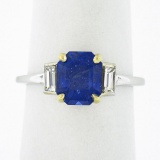 New 18K TT Gold GIA Ceylon Sapphire & Baguette Diamond 3 Stone Engagement Ring