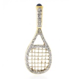 Vintage 14k Yellow Gold 1.50 ctw Pave Diamond Sapphire Large Tennis Racket Penda