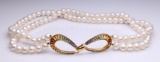 Double Strand Pearl Necklace With 14K Yellow Gold & Graduated Tourmaline Clasp