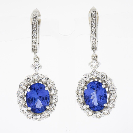 NEW 14k White Gold Oval Tanzanite & Round Brilliant Diamond Drop Dangle Earrings