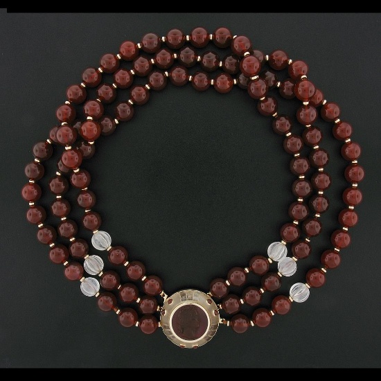 Trianon 3 Strand Carnelian & Rock Crystal Bead Necklace & Cameo 14k Gold Pendant