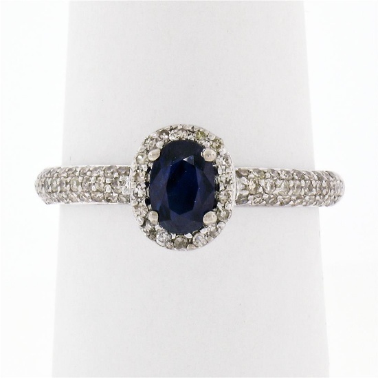 Petite 14K White Gold 1.05 ctw Oval Sapphire Solitaire & Diamond Halo Promise Ri