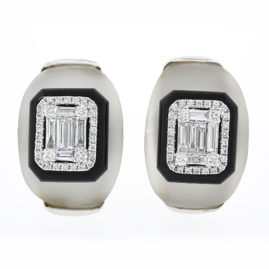 18k White Gold Rock Crystal Black Onyx & Baguette Diamond Domed Button Earrings
