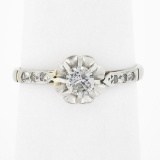 Antique Edwardian French 18k White Gold & Platinum Round Diamond Engagement Ring