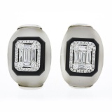 18k White Gold Rock Crystal Black Onyx & Baguette Diamond Domed Button Earrings