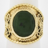 Vintage 14k Yellow Gold Oval Cabochon Cut Jade Twisted Wire Wide Cigar Band Ring