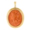 Vintage 14k Gold Bezel Oval Carved Coral Cameo w/ Hand Engraved Frame Pendant