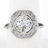 Antique Edwardian Platinum 2.99 ctw GIA European Diamond Bezel & Pave Platter Ri
