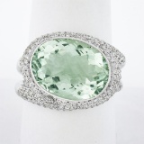 18K White Gold Oval Bezel Prasiolite Quartz & Pave Diamond Twisted Cocktail Ring