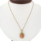 Vintage 14k Gold Oval Cabochon Coral Open Beaded Frame Pendant w/ Chain Necklace