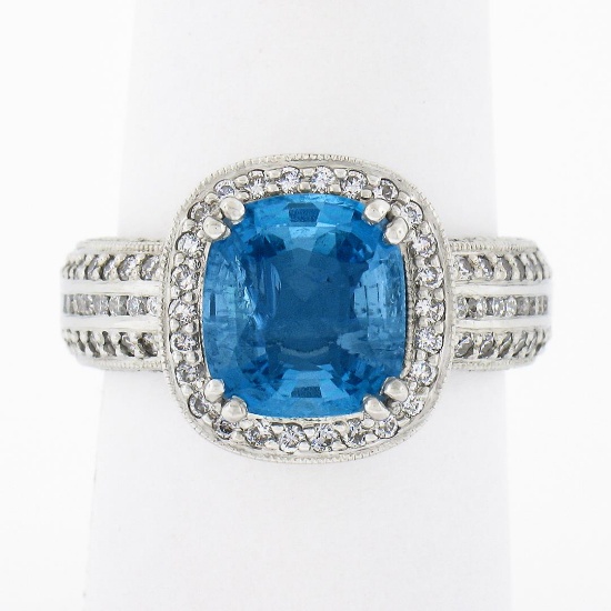 Platinum 3.58 ctw Cushion Aquamarine w/ Diamond Halo & Accents Mil grain Work Ri