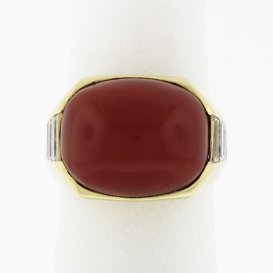 Vintage 18K Yellow Gold FINE GIA Cabochon Orangy Red Coral Baguette Diamond Ring