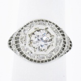 Vintage Platinum 1.21 ctw GIA Old European Diamond Dome Filigree Engagement Ring