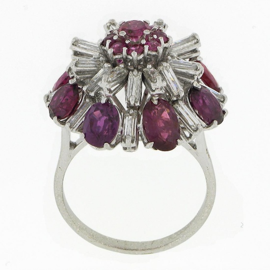Vintage 18K White Gold 7 ctw Ruby & Baguette Diamond Tiered Cluster Cocktail Rin