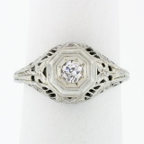 Antique Art Deco 18k White Gold.21 ctw Diamond Solitaire Filigree Engagement Rin