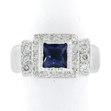 14K White Gold 1.65 ctw Princess Iolite Bezel Solitaire Diamond Halo Brushed Rin