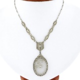 Antique Art Deco 14K Gold Camphor Glass Diamond Filigree Link Pendant Necklace