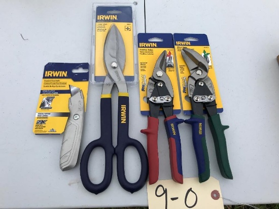 Irwin Cutting Lot, Right and Left handed tin snips, shears, and a fixed blade utility knife