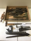 Box lot of shop items, Bits, tongs, gauges and more