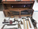 Large wooden tool box with assorted tools, 32 x 16 x 7 inches