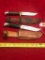 2- Unmarked Stacked Leather Handle knives with sheaths, appear American Made