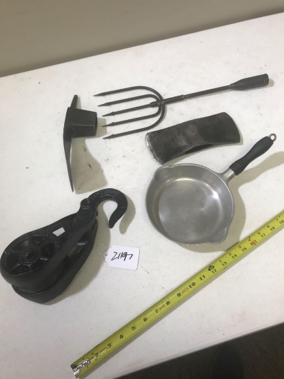 Various Lot, Griswold Skillet, Adze Head, Fish Gig, Axe Head, and pulley
