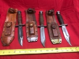 Lot of 3 Vintage Knives with sharpening stones in sheaths. One is Ontario, other 2 are like brand