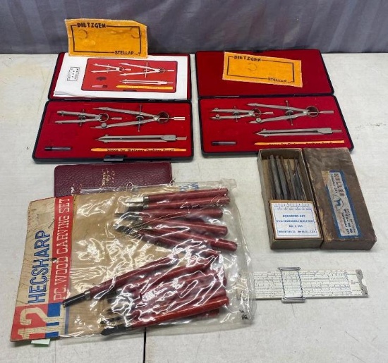 2- Dietzgen Drafting sets, Heller File set, Slide Rule, and wood carving set in original package