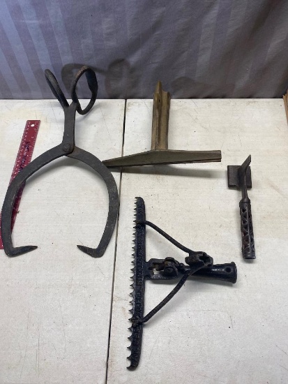 Ice Tongs, Vintage Meat Tenderizer, Saw Vise, and Antique Carpet Stretcher