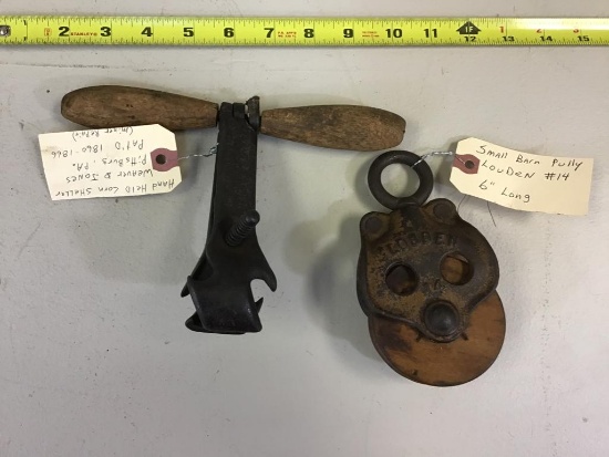 Handheld Corn Sheller Weaver & jones Pittsburgh Pa, Pat. 1860-1866, and Louden #14 barn pulley 6"