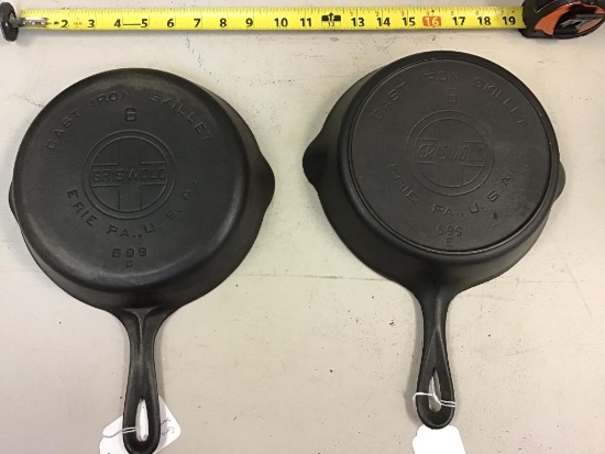 2-Griswold #6 Skillets, Slant Logo and Large Block, one with heat ring