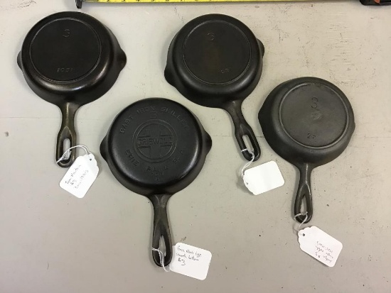 4- #3 Cast Iron Skillets, 2- Iron Mountain, Griswold and Lodge
