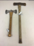 Uncommon axe w/ replacement handle, and Plumb Double Bit axe, (needs new handle)