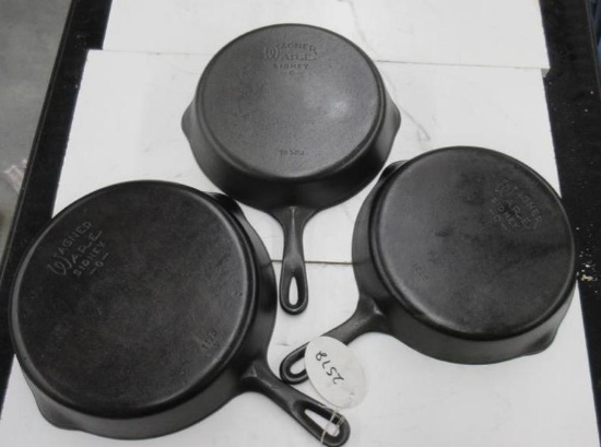 3 Wagner #9 Cast Iron Skillets, #1120V, 1058J and 1058
