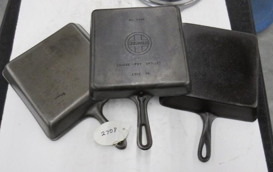 3 square cast iron skillets, Griswold, SK unmarked