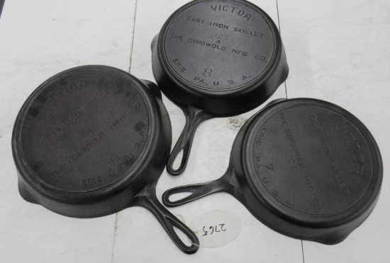 3- Griswold Victor Skillets, numbers 7,8,9