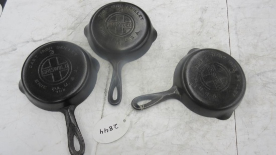 3- Griswold Number 3 Cast Iron Skillets, large block logo