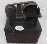 Patent Model Barrel Stave Band Saw Working Model, glue repair on rail, by Milian Barber of Three