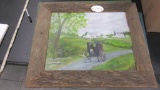 Amish Farmstead Painting by M Hershburger in Primitive frame 26in x 22in