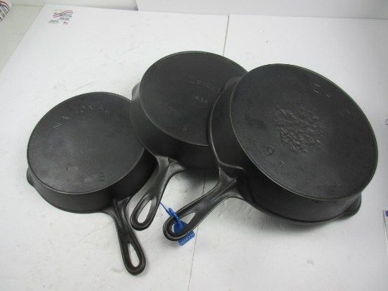 Lot of 3 cast iron skillets, National #8, Wardsway #1432, and Erie #9 with Pitting