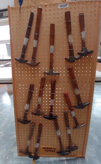 14 piece Farrier Hammer Collection of peg board, Champion, Heller, etc