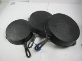 Lot of 3 cast iron skillets, National #8, Wardsway #1432, and Erie #9 with Pitting
