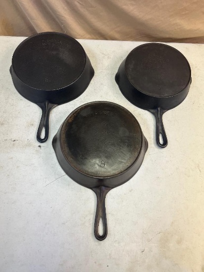 3- Vintage Wagner Cast Iron Skillets, w/ heat rings, 2- no. 8 and 1- no. 7