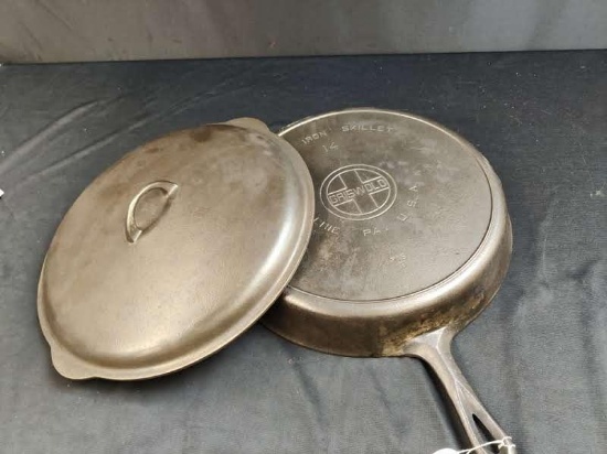 Griswold #14 Large Block Skillet w/ lid, has repair
