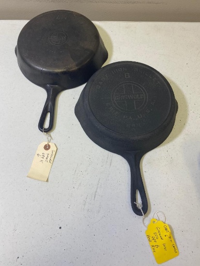 2- Griswold No. 6 Skillets, large and small block, large block is heavily pitted AND PAINTED