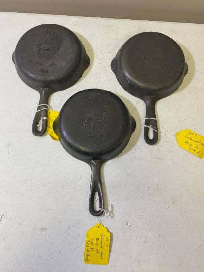 3- Griswold No. 3 Small Block Skillets, Mold 709A and 709B and 709H
