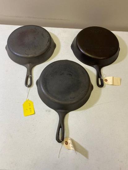3 cast iron skillets- 10 1/2 inch skillet, Wagner 10 1/2 inch skillet & Wagner 5 star skillet 1403B